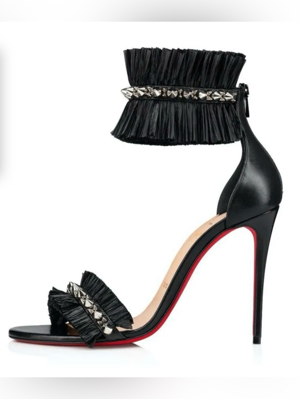 Christian Louboutin Poupedou Black Spike Raffia Ankle Strap Heels EU 39 Red Sole - Picture 6 of 9